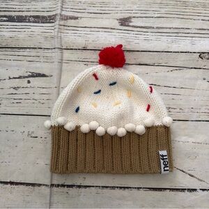 Neff Kids White Beanie with Brown Cuff and Red Pom